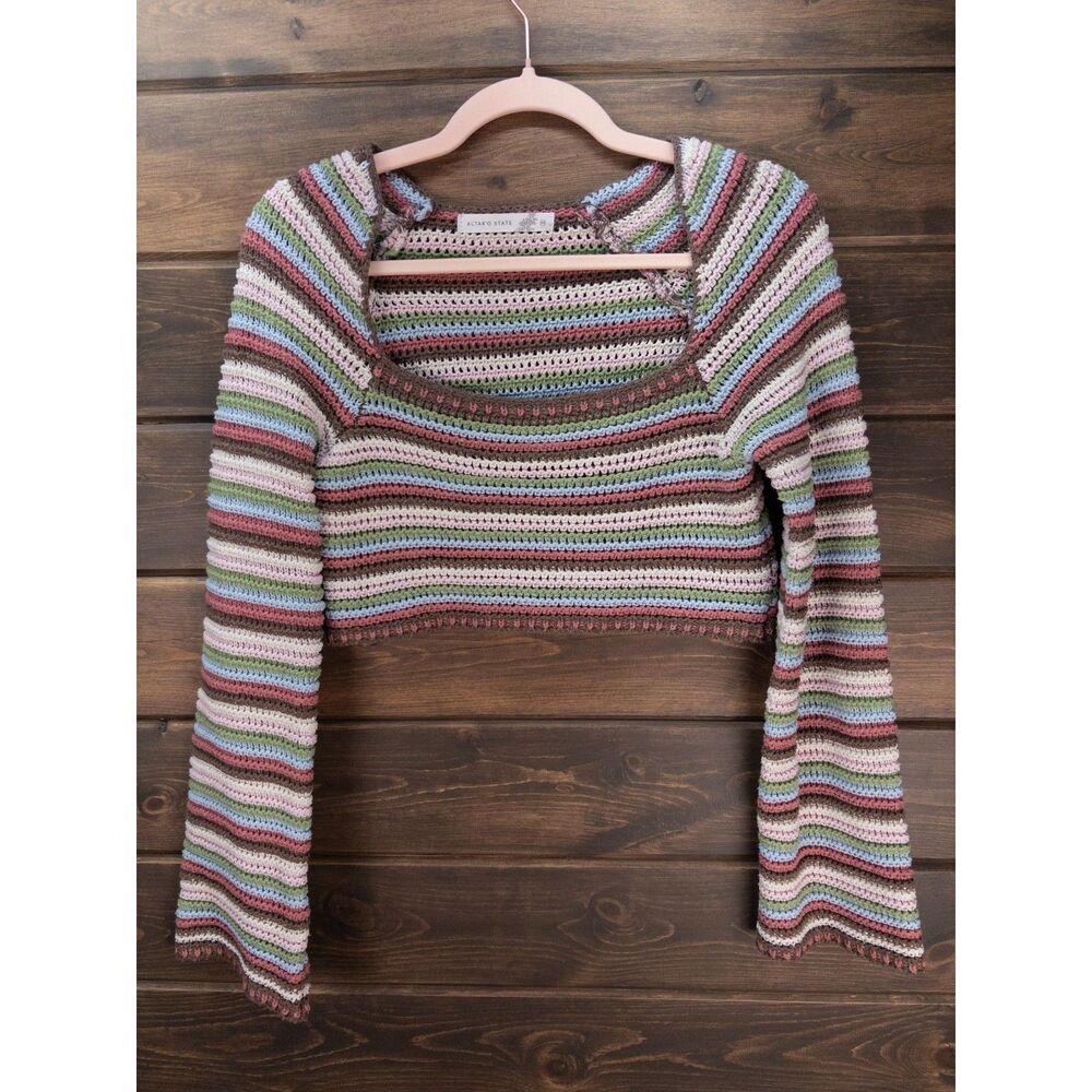 Altar'd State Layla Crochet Striped Crop Sweater XS Pastel Long Bell Sleeve Boho
